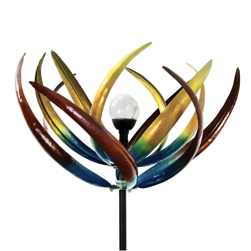Bits and Pieces Tulip Wind Spinners Outdoor Solar Lighted Metal Wind Spinner, Large Kinetic Garden Sculptures, Crackle Glass Light, Multi-Colored Garden Decor - Image 1